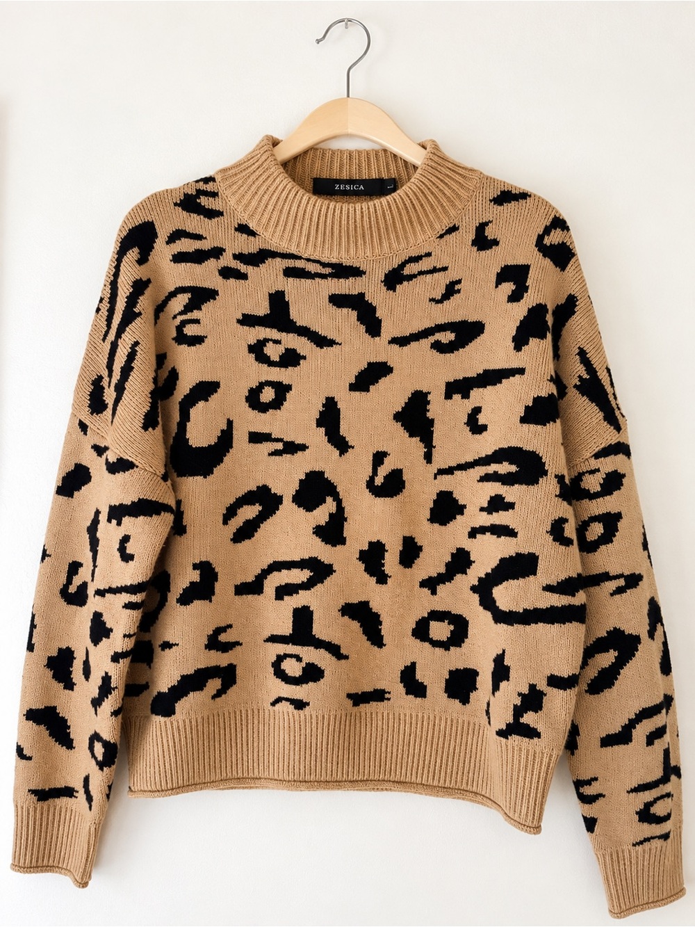 Tan and Black Leopard Print Crewneck Sweater